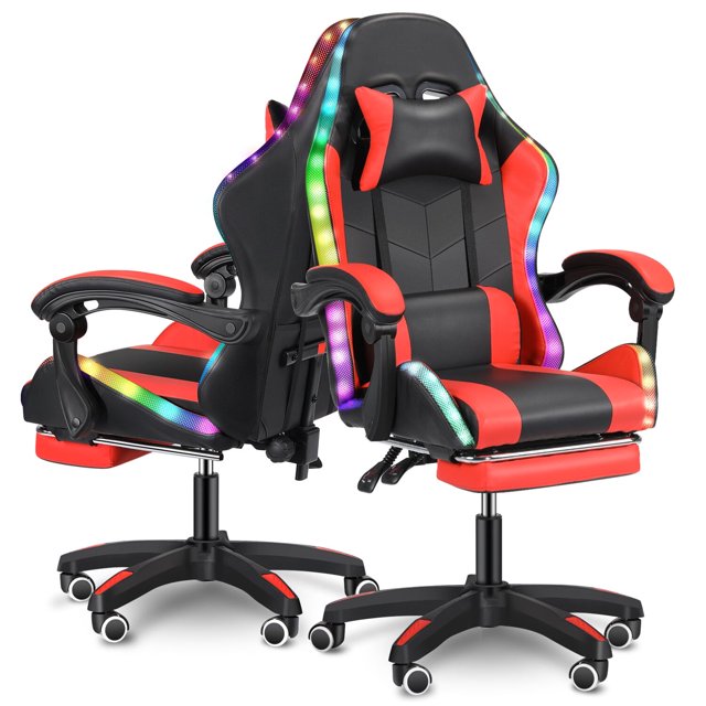 Gaming Chair with PU Leather Office Chair with Footrest and LED Lights