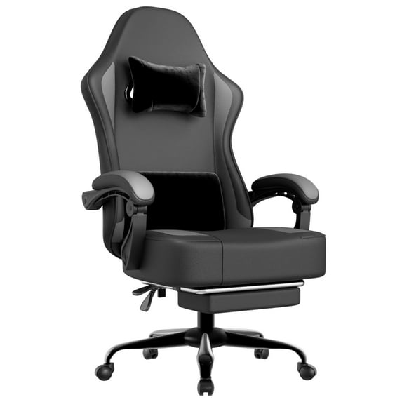 Gaming Chair with Pocket Spring Cushion and Footrest, Ergonomic Computer Chair for Adults, Breathable PU Leather Game Chair, Adjustable Headrest and Lumbar Support Office Desk Chair