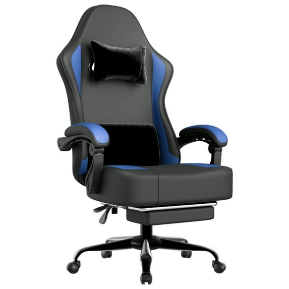 Gaming Chair with Pocket Spring Cushion and Footrest, Ergonomic Computer Chair for Adults, Breathable PU Leather Game Chair, Adjustable Headrest and Lumbar Support Office Desk Chair