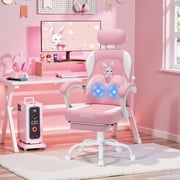 Hoffree Pink Gaming Chair with Massage Lumbar Support Adjustable Headrest Footrest Ergonomic Pink Video Game Chair for Kids with Cute Bunny Patterns Gift for girls