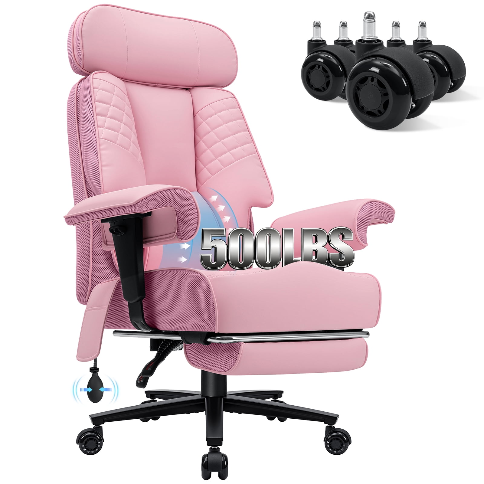 Hoffree Big and Tall Office Chair 500lbs, Reclining Ergonomic Desk Chair with Adjustable Lumbar Support, Arms and Headrest, Executive Leather High Back Computer Chair with Footrest for Home, Pink