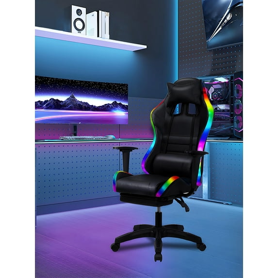 Gaming Chair with Retractable Footrest, 350lbs Load Capacity Office Executive Chair with Two Bluetooth-compatible Speakers, Multiple RGB LED Light Modes 360 Degree Rotation Game Chair -Red