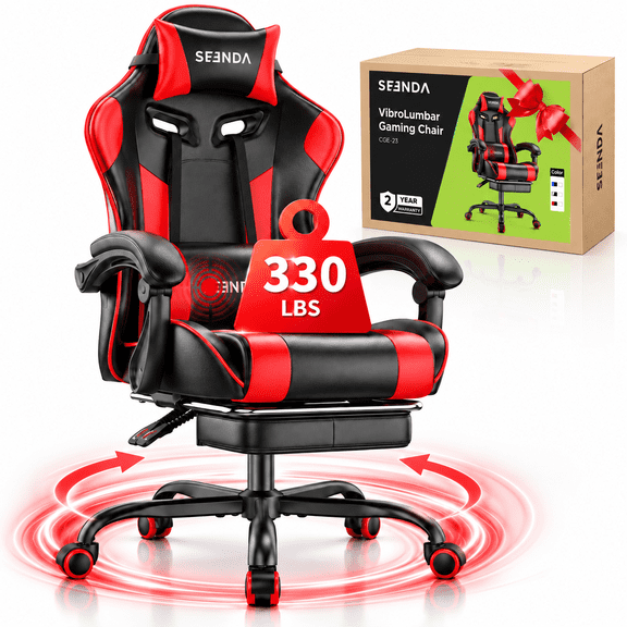 Massage Gaming Chair, Seenda Video Game Chair with Footrest and Lumbar Support, Ergonomic Computer Chair Height Adjustable with Swivel Seat and Headrest, Red