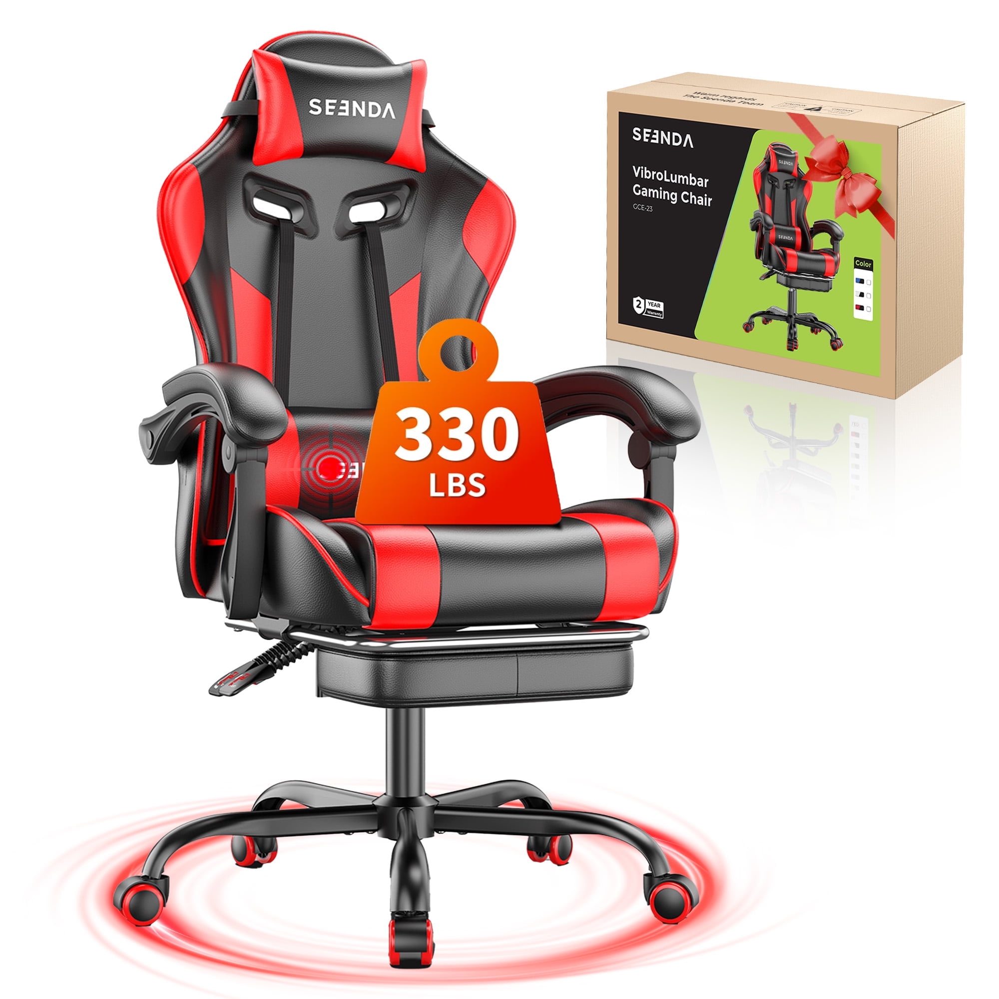 Massage Gaming Chair, Seenda Video Game Chair with Footrest and Lumbar Support, Ergonomic Computer Chair Height Adjustable with Swivel Seat and Headrest, Red