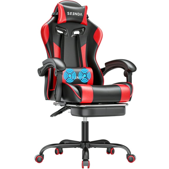 Gaming Chair, Seenda Computer Office Chair, High Back Ergonomic Home Office Desk Chair with Massage Lumbar Support Task Chair, Linkage Armrests and Footrest, Red