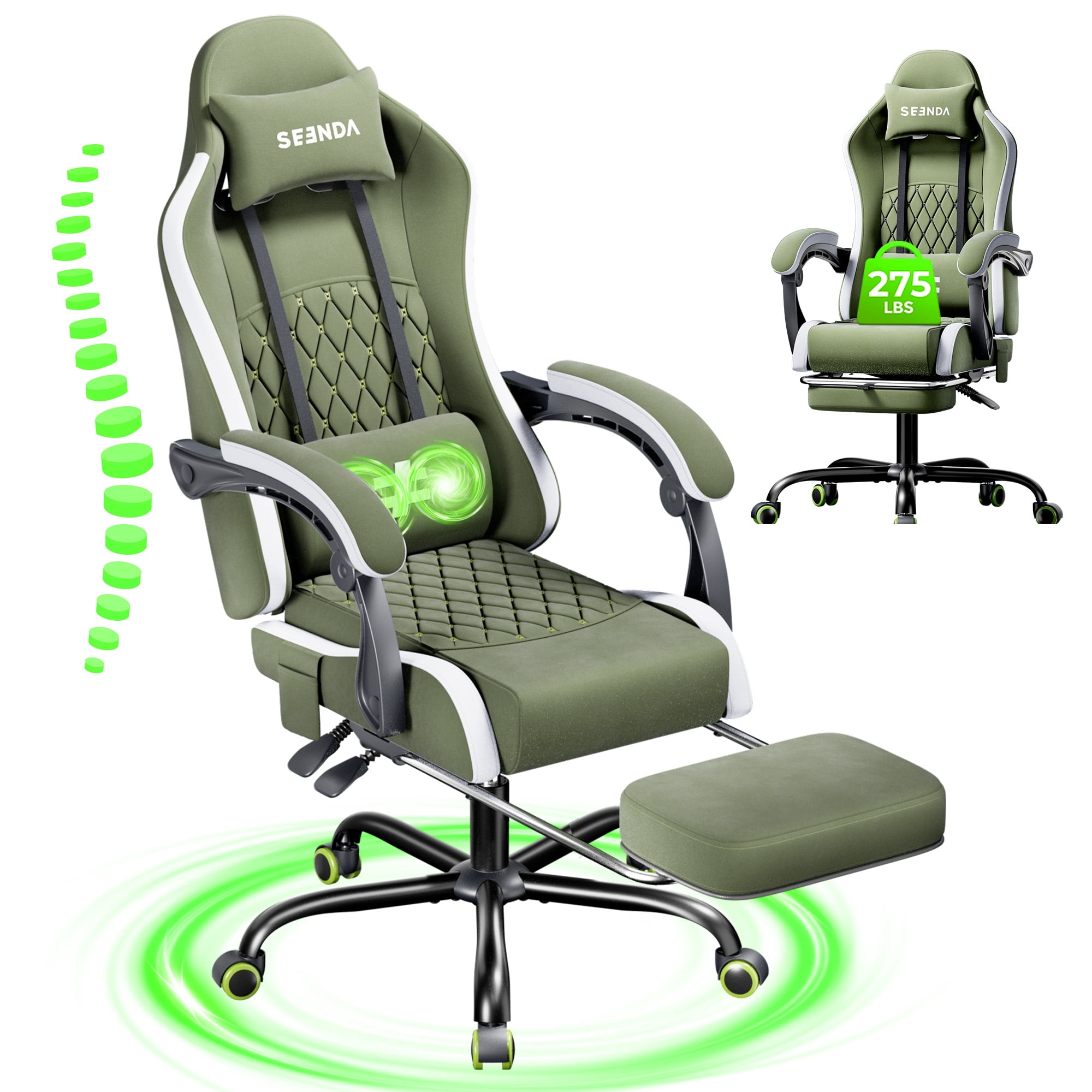 Seenda Massage Gaming Chair, Fabric Computer Office Chair, Linkage Armrests and Footrest, Massage Lumbar Support Swivel Video Game Chair for Office Gaming 275LBS, Green