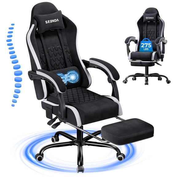 Seenda Massage Gaming Chair, Fabric Office Chair Ergonomic Desk Chair, Video Game Chair with Footrest and Massage Lumbar Support, High Back Computer Office Chair with Headrest, 275Lbs, Black