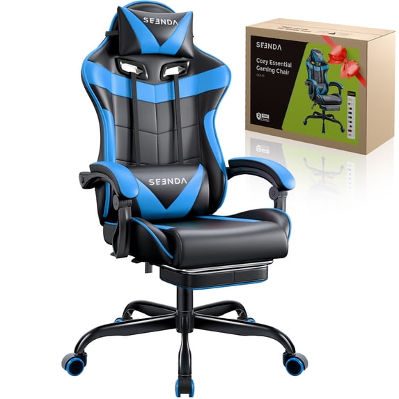 Gaming Chair, Seenda Video Game Chair with Footrest and Lumbar Support, Ergonomic Computer Chair Height Adjustable with Swivel Seat and Headrest, Blue