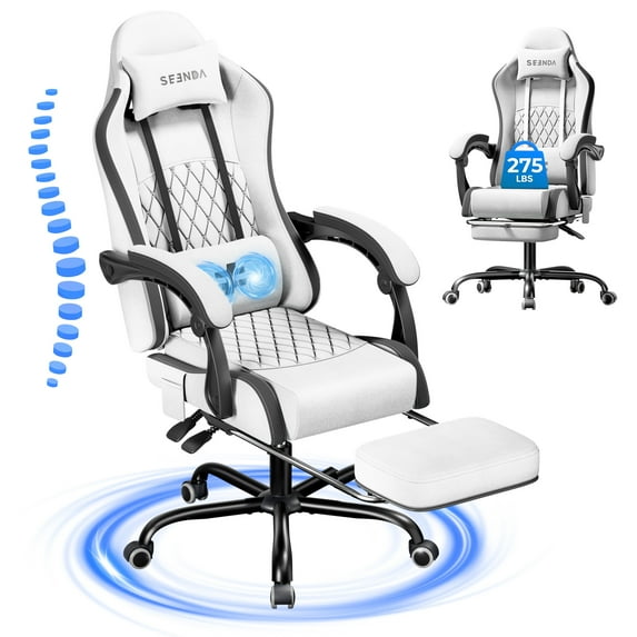 Massage Gaming Chair, Seenda Video Game Chair with Massage Lumbar Support , Comfy Soft Touch Home Office Desk Chairs, Height Adjustable, Linkage Armrests,Grey