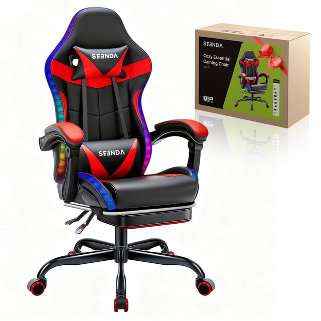 Gaming Chair, Seenda Video Game Chair with Footrest and Lumbar Support, Ergonomic Computer Chair Height Adjustable with Swivel Seat and Headrest, Red