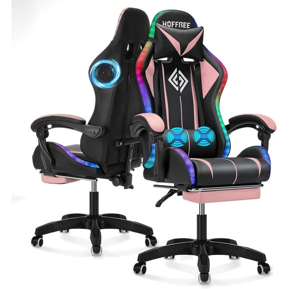 Gaming Chair with Speakers and Lights Ergonomic Computer Gaming Chair with Footrest LED RGB Lights Massage High Back Music Video Game Chair with Lumbar Support Pink and Black