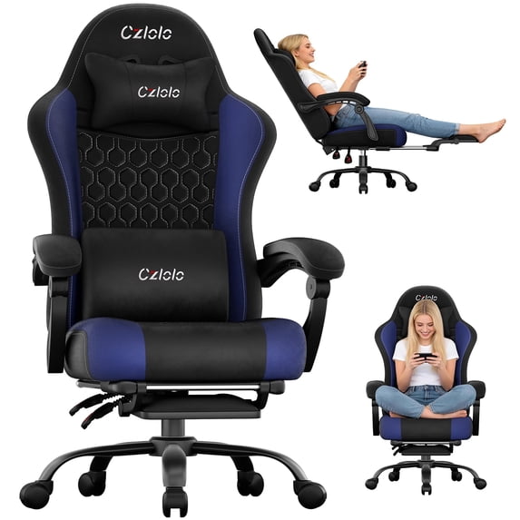 Gaming Chair Velvet Fabric Pocket Spring Cushion,Reclining Gamer Chair,Ergonomic Game Chair with Footrest,Headrest,Blue