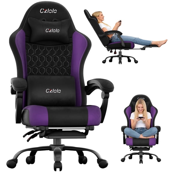 Gaming Chair Velvet Fabric Pocket Spring Cushion,Reclining Gamer Chair,Ergonomic Game Chair with Footrest,Headrest,Purple