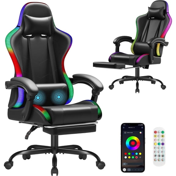 Gaming Chair, Video Game Chair with Footrest and Massage Lumbar Support, Ergonomic Computer Chair Height Adjustable with Swivel Seat and Headrest (RGB Dark Black)
