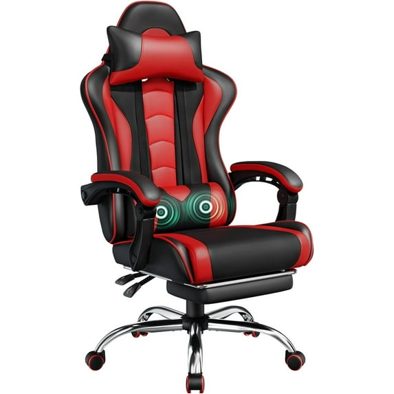 Gaming Chair, Video Game Chair with Massage Lumbar Support and Footrest Height Adjustable Ergonomic Computer Chair with Swivel Seat and Headrest, Black/Red