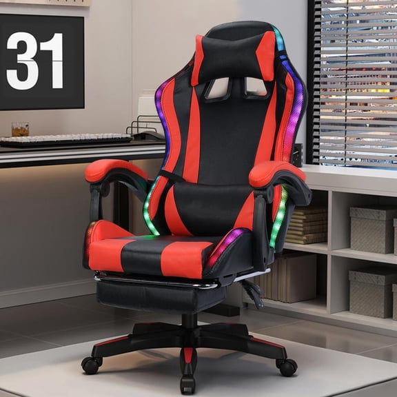 Gaming Chair with Bluetooth Speakers and LED Lights, Retractable Footrest, 90-135 Degree Recline, Massage Lumbar Support