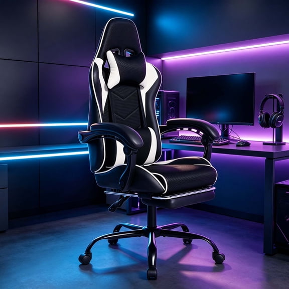 Black & White Gaming Chair, High-Back Racing Style Office Chair with Lumbar Support, Adjustable Swivel Desk Chair