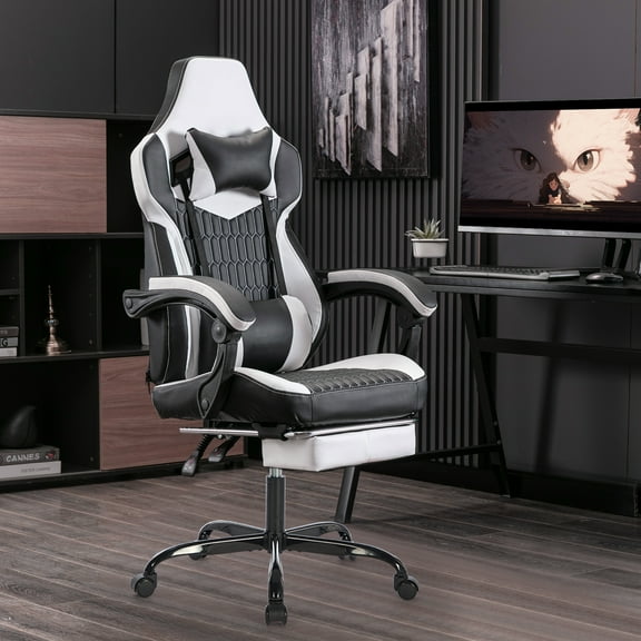 Gaming Chair with Footrest & Headrest, Leather Ergonomic Office Computer Chair with Footrest and Lumbar Support, White Black