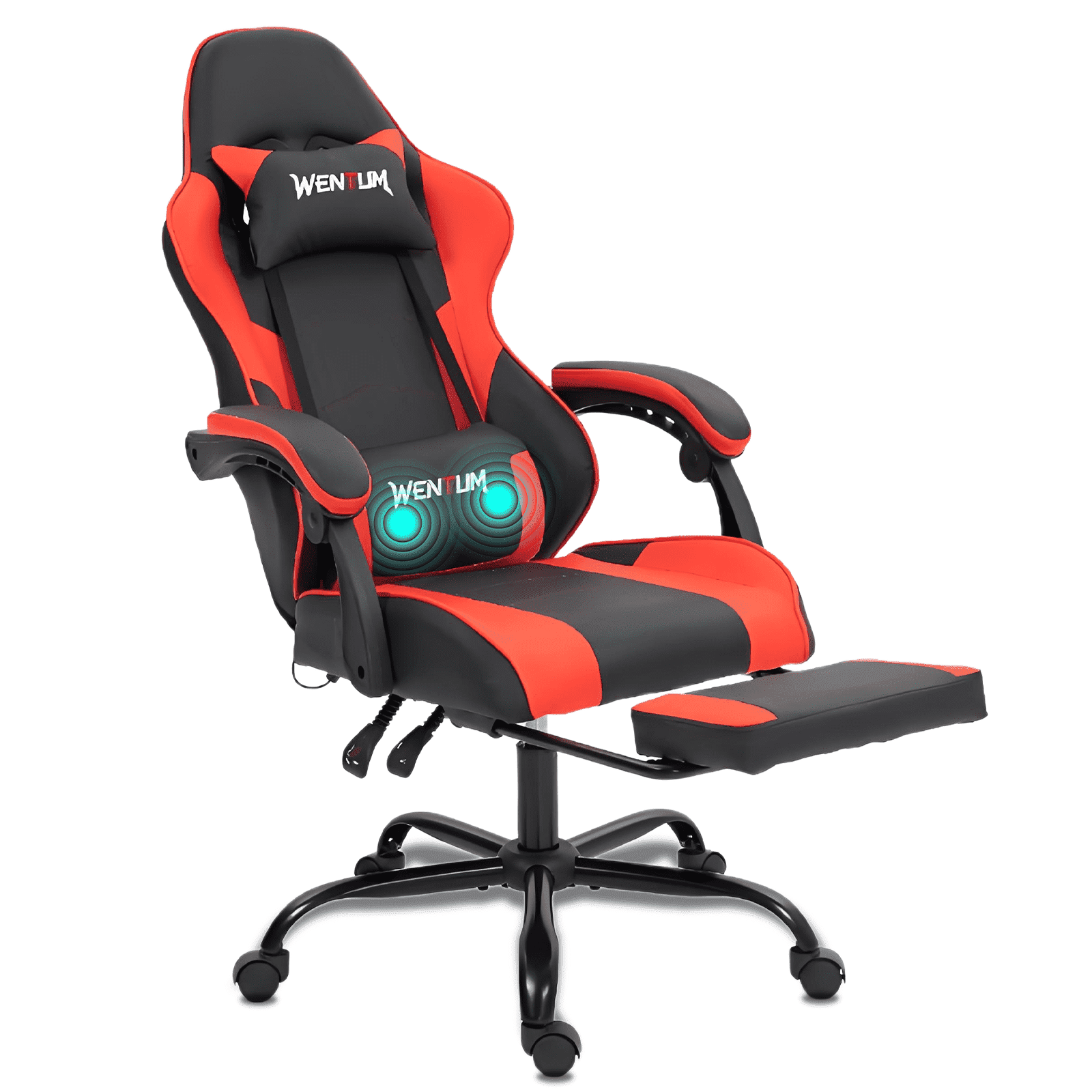 WENTUM Ergonomic Reclining Gaming Chair with Linkage Armrests & Footrest, Racing Office Chair, PU Leather Computer Desk Chair, Red