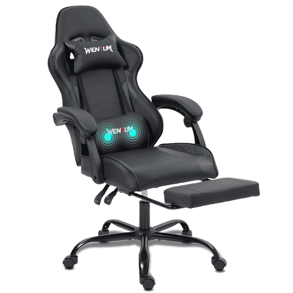 WENTUM  Ergonomic Reclining Gaming Chair with Linkage Armrests & Footrest, Racing Office Chair, PU Leather Computer Desk Chair, Black