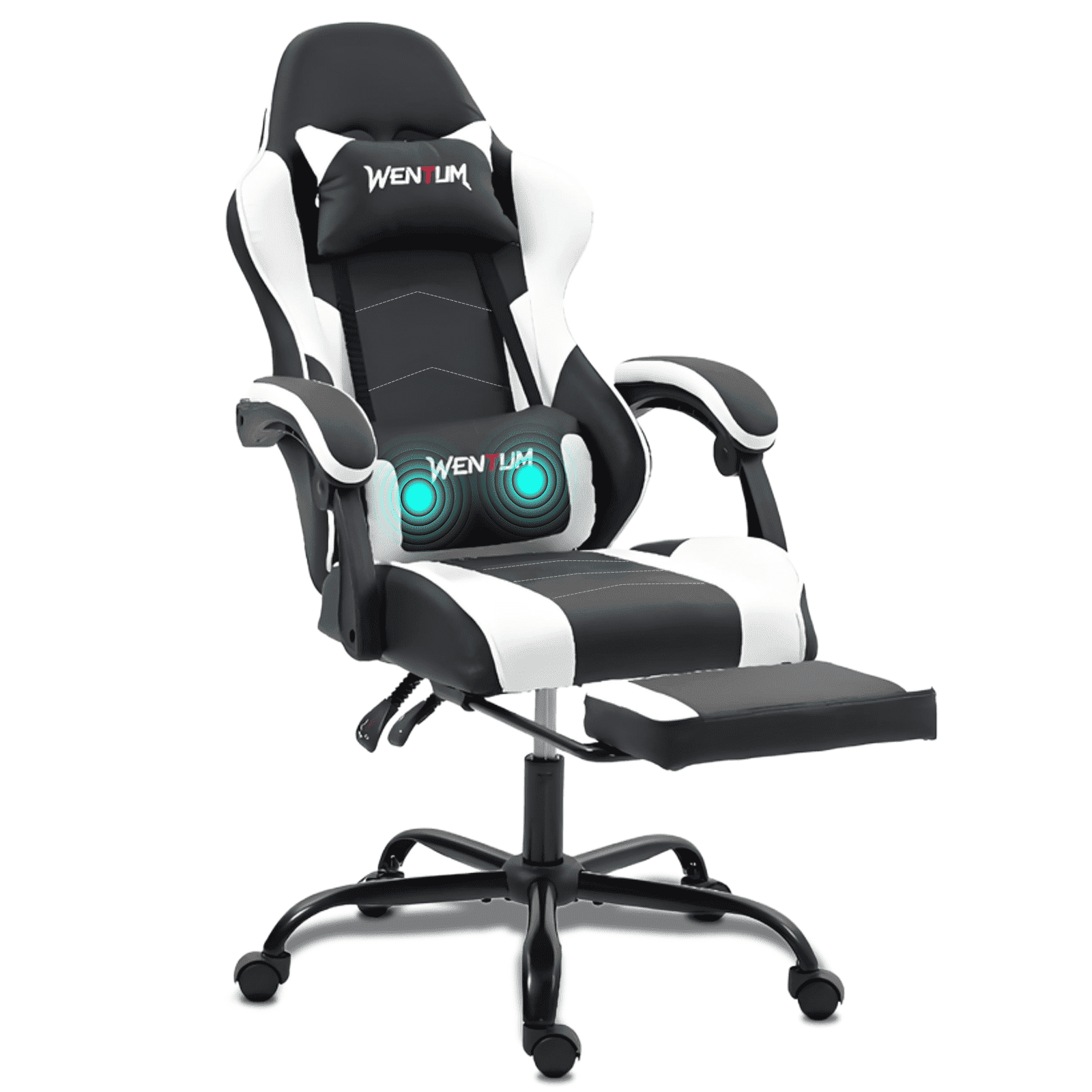 WENTUM  Ergonomic Reclining Gaming Chair with Linkage Armrests & Footrest, Racing Office Chair, PU Leather Computer Desk Chair, White