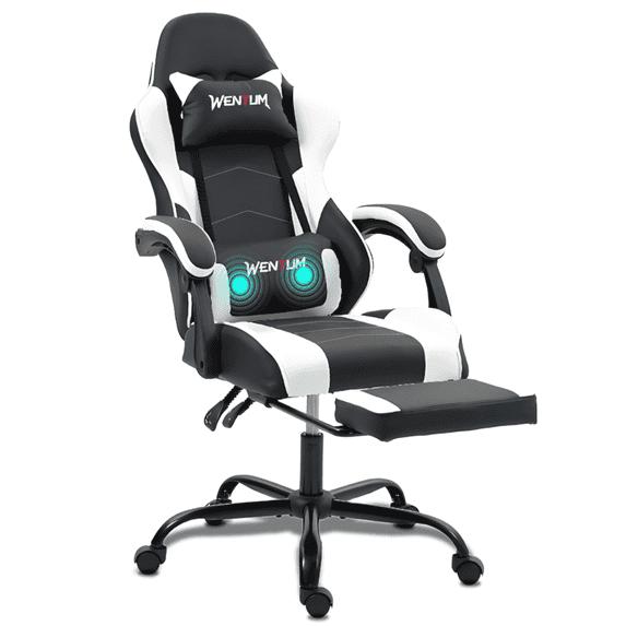 WENTUM Ergonomic Reclining Gaming Chair with Linkage Armrests & Footrest, Racing Office Chair, PU Leather Computer Desk Chair, White