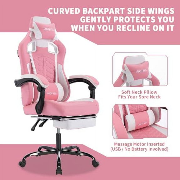 Gaming Chair with Massage,Ergonomic PC Computer Chair with Footrest Comfortable Headrest and Lumbar Support,High Back PVC Leather,300LBS (Pink)