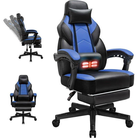 Gaming Chairs for Adults, Computer Chair with Footrest and Ergonomic High Back, Big and Tall Gamer Chairs with Massage Lumbar Support, 360° Swivel Height Adjustable Gaming Chair, Blue