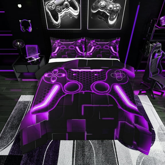 Gaming Comforter Teen Game Bedding Sets Gamer Comforter For All Season,Gamepad Home Decor For Comforter Set Twin Size,1 Comforter With 1 Pillowcase Purple Black,Fluffy