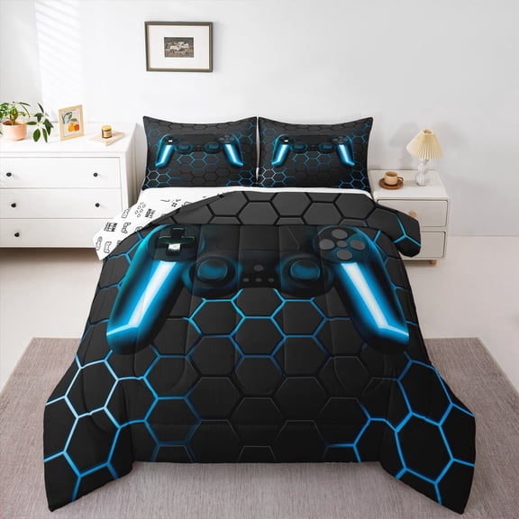Gaming Comforter Teen Video Game Bedding Gamer Comforter for All Season Blue Lights Gamepad Controller Home Decor for Comforter Set King Size,1 Comforter with 2 Pillowcases