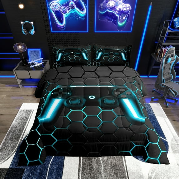 Gaming Comforter Teens Game Bedding Sets Full, Gamer Comforter Set Game Home Decor,Soft Neon Lights Gamepad Duvet Insert All Season Hexagon Quilt Comforter With 2 Pillowcases,Blue Grey