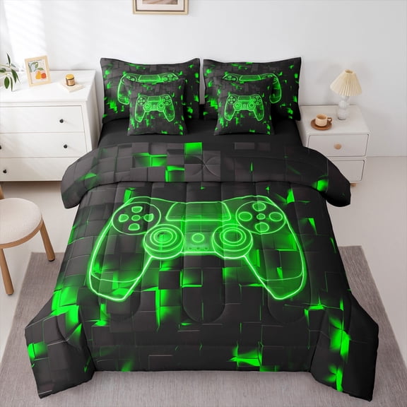 Gaming Comforter , Gamepad Gamer Twin Bedding Set 7 Pieces - 1 Video Game Console Comforter, 1 Fitted Sheet, 1 Flat Sheet, 2 Pillow Cases, 2 Throw Pillow Covers,Green Black