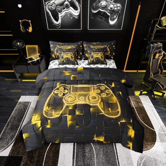Gaming Comforter For Queen Size Bed, Modern Gamer Fitted Sheet For Boys Teens, Neon Geometry Plaid Flat Sheet Video Game Pillow Cases For Game Lovers, Yellow Black Throw Pillow Covers