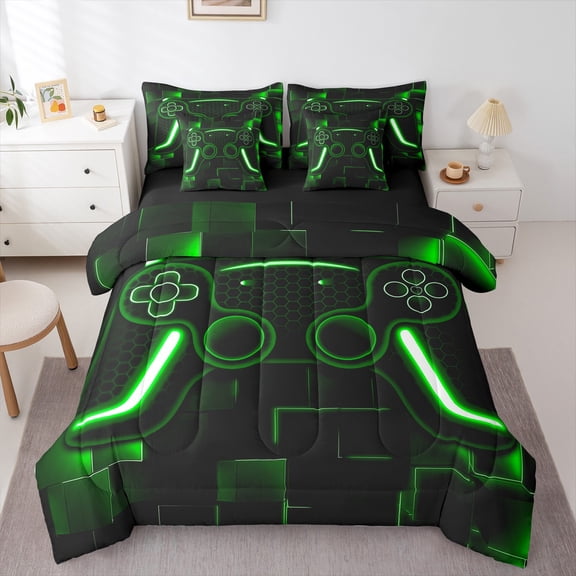 Gaming Comforter Set 7 Piece Green Gamer Bedding Set Teen Cool Video Game Black Bed In A Bag,Abstract Check Ombre Green Honeycomb Bed Set For All Season(Black Twin)