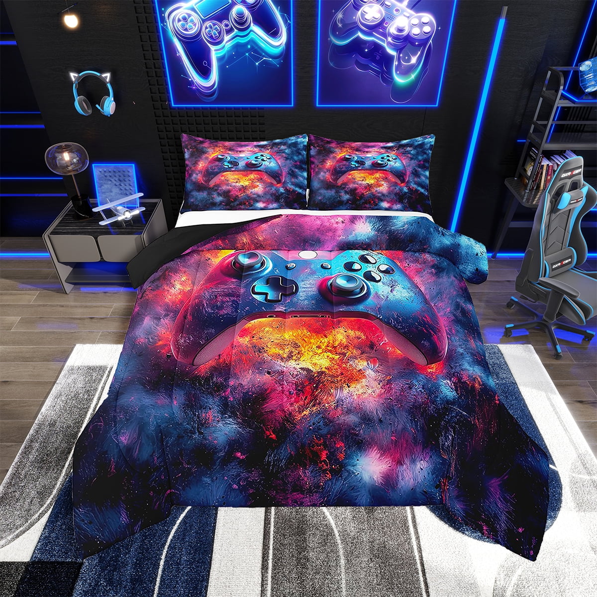 Loussiesd Gamer Duvet Cover White Video Game Gamepad Bedding Set For Boys Girls 3D Gaming Comforter Cover Modern Game Controller Bedspread Cover Red Black Grey Single Size Quilt Cover 2Pcs
