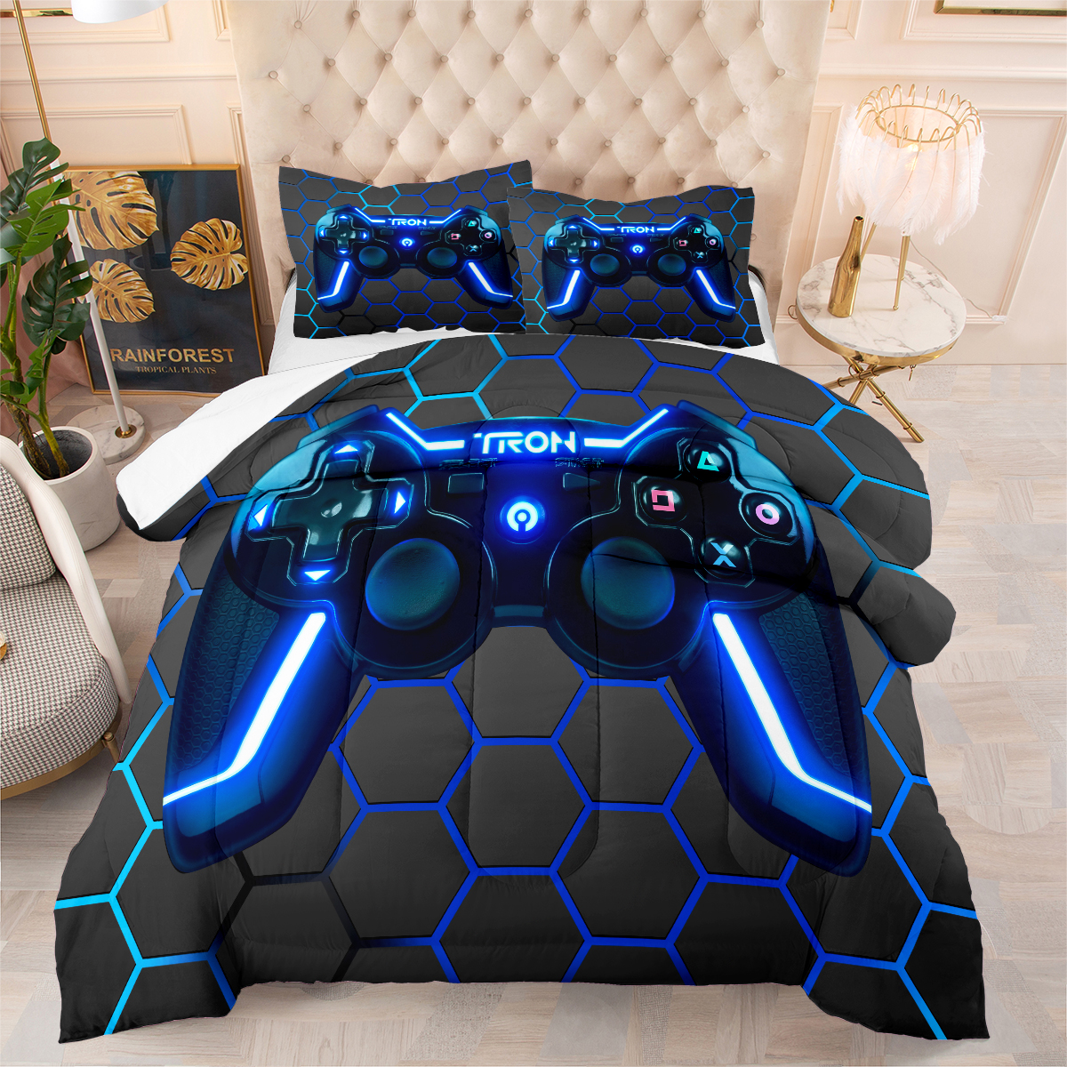 Gaming Comforter Set for Teens, Full Size with Gamepad Design, Includes 1 Comforter, 2