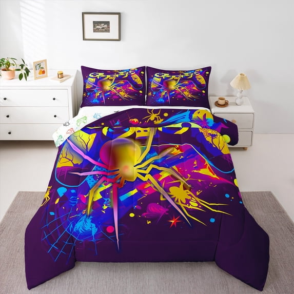 Gaming Comforter Set - Gamer Comforter Twin Bedding Sets , Gothic Halloween Spider Blue Yellow Purple Gamer Room Decor