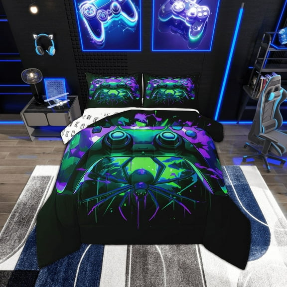 Gaming Comforter Set - Gamer Comforter Twin Bedding Sets , Gothic Halloween Spiders Purple Green Gamer Room Decor