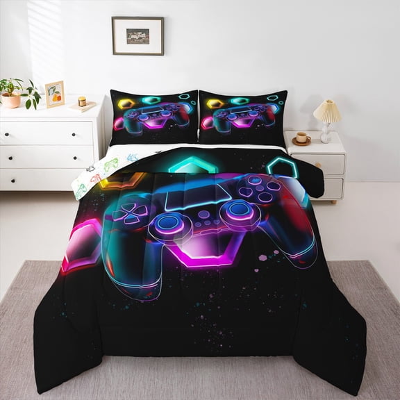 Gaming Comforter Set - Gamer Comforter Twin Bedding Sets , Neon Lights Abstract Geometry Honeycomb Gamer Room Decor