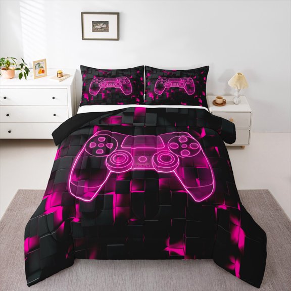 Gaming Comforter Set , Gamepad Gamer Bedding Set Twin Size Video Game Console Down Comforter Teens Bedroom, Neon Geometry Square Quilt, Antique Pink Black
