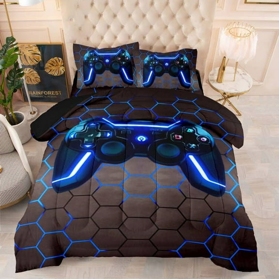 Gaming Comforter Set Queen Size for Boys Kids Game Room Decor Video Game Gamer Comforter Teens Bedroom Gamepad Bedding Set All Season