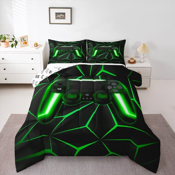 Gaming Comforter Set Twin Size Game Room Decor, Video Game Gamer Comforter Teens Black and Green Gamepad Console Bedding Set All Season, Lightweight Warm Durable