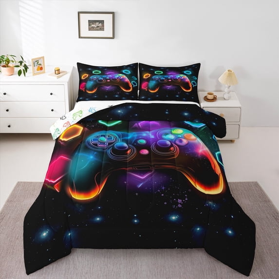 Gaming Comforter Set Twin 3pcs Microfiber,Colorful Galxy Bedding Decor,Gamepad Reversible