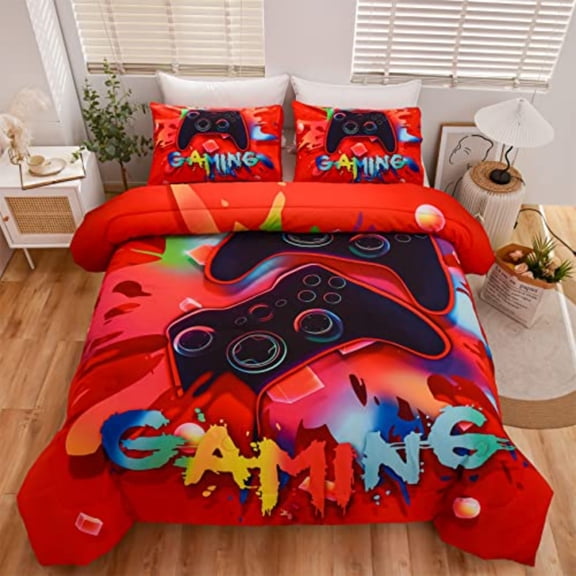 Gaming Comforter Sets for Boys Bedding Sets Video Games Console Action Buttons Novelty Colorful Game Gamepad Controller Modern Gamer Room Decor Home Quilt Set Twin Red