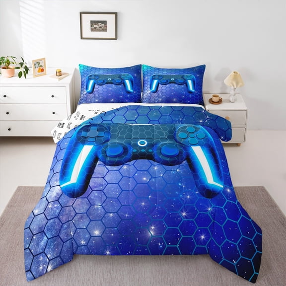 Gaming Comforter Sets Full Size Video Games Bedding Modern All Season Machine Washable Reversible Quilts Blue Honeycomb Hexagon Print Duvet Insert Gamer Room Decor Down Comforter