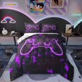 thumbnail image 1 of Gaming Comforter Sets Gamer Room Decor Bedding 2 Pcs, Modern Abstract Plaid Bedding Comforter Sets Purple Geometry Honeycomb Print Duvet Insert Gamepad Controller Quilt, 1 of 7