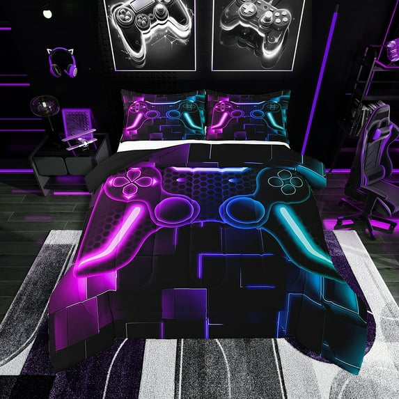 Gaming Comforter Teen Game Bedding Set Gamer Comforter For All Season Gamepad Home Decor For Duvet Insert,1 Comforter 1 Pillowcase Purple Blue Black Hexagon