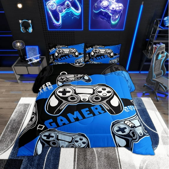 Gaming Comforter Teen Video Game Bedding Set 2Pcs Gamer Comforter for All Season Gamepad Console Home Decor Comforter Set Twin, 1 Comforter with 1 Pillowcase Blue Black White
