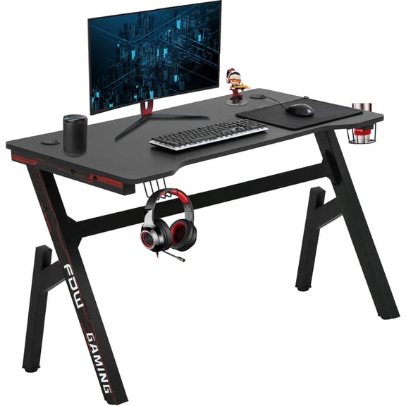 Gaming Computer Desk Home Office Desk Extra Large Modern Ergonomic Black PC Carbon Fiber Writing Desk Table with Cup Holder Headphone Hook