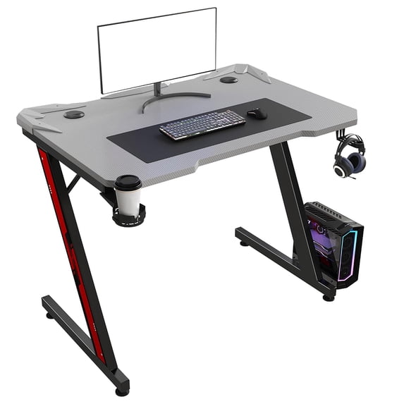Gaming Computer Desk with Carbon Fiber Surface, Gaming Table Z Shaped Pc Home Office with Cup Holder & Headphone Hook for Living Room (32 in, Gray)